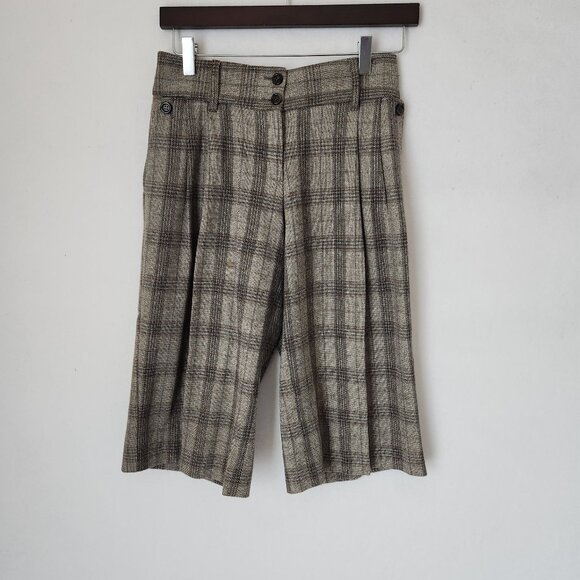 Dolce & Gabbana Wool Blend Plaid Wide Leg High Rise Shorts Pocket Brown Waist 27 - Picture 1 of 9